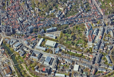 Luftaufnahme des Sanierungsgebiets "Nördliche Altstadt mit dem Ersatz- und Ergänzungsgebiet „Schlachthof/Stockgelände“. © Universitätsstadt Marburg