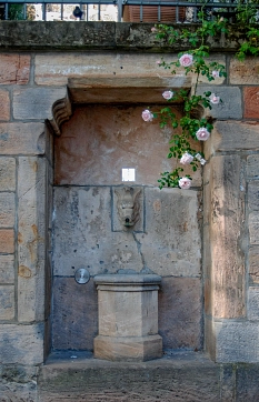 Gleich zwei Brunnen gibt es in der Mauer am Hirschberg – einer spendet Trinkwasser – erkennbar am Schild mit dem Becher, in den Wasser fließt. Aus dem Nachbarbrunnen kommt Wasser ohne Trinkqualität. © Universitätsstadt Marburg