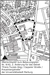 Übersichtsplan zum Bebauungsplan Nr. 9/42, 2. Änderung für das Gebiet "Franz-Tuczek-Weg, Cappeler Str., Frauenbergstraße" © Universitätsstadt Marburg